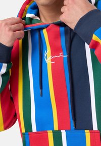 Kolorowa bluza z kapturem w pionowe paski w kolorach czerwonym, niebieskim, zielonym i żółtym. Wykonana z bawełny, z kapturem na sznurki i przednią kieszenią.