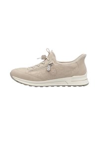 Light beige sneaker made of soft suede and mesh, featuring a side zipper, round laces, subtle branding, and a textured sole.