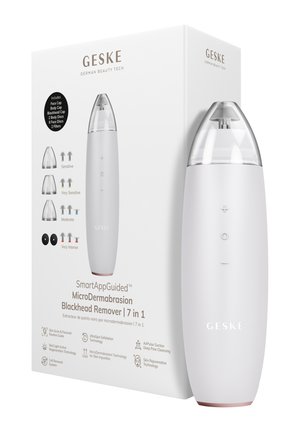 Appareil Geske de microdermabrasion pour éliminer les points noirs avec un capuchon transparent, ainsi qu'une boîte indiquant le nom du produit, ses caractéristiques et les accessoires inclus.