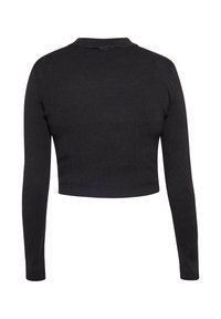 Zwarte geribde cropped top met lange mouwen, voorzien van een hoge halslijn en een texturele afwerking. Het ontwerp is aansluitend en reikt tot de taille.
