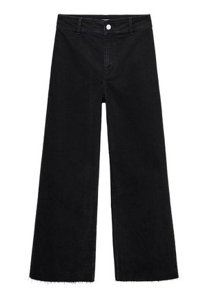 Zwarte denim broek met wijde pijpen en een rafelrand, met een sluiting van een knoop aan de voorkant en traditionele pockets. Gemaakt van stevige katoen.
