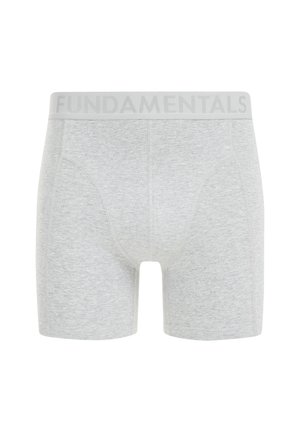 Graue Boxer-Briefs aus einem weichen, dehnbaren Material mit einem breiteren Bund, auf dem "FUNDAMENTALS" in einer kontrastierenden Farbe aufgedruckt ist.