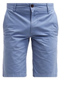 Shorts pour homme bleu clair arrivant aux genoux, avec fermeture avant à boutons et fermeture éclair, passants pour ceinture et poches latérales.