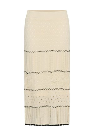 Beige gebreide midi-rok met afwisselende gestructureerde patronen en zwarte zigzag-zoombanden, voorzien van een geribde tailleband en zoom.