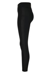 Černé legíny s vysokým pasem, s hladkým povrchem a lesklým bočním pruhem, navržené pro přiléhavý siluetu.