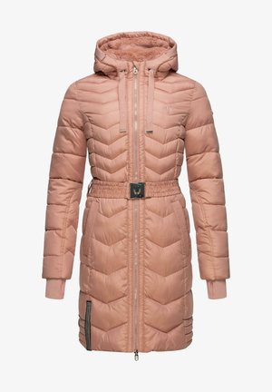 Light pink puffer jacket with a hood, chevron quilted design, front zipper, elastic waistband, and side pockets. Features a soft inner lining.
