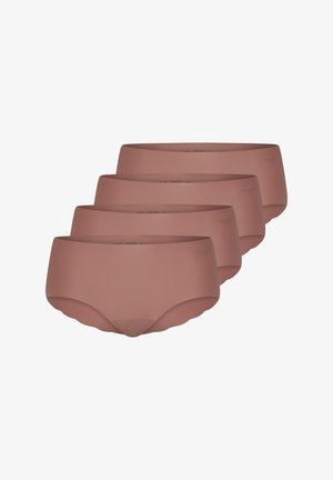 Quatre culottes hipster marron identiques pour femmes, empilées en diagonale sur un fond blanc.
