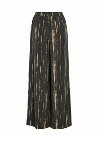 Pantalons à large jambe en tissu vert foncé avec un motif tie-dye, présentant des bandes verticales beiges et brunes. Taille élastique pour plus de confort.