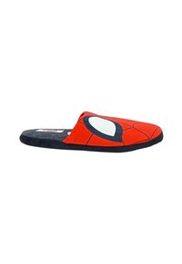 Pantofole rosse in tessuto con design di Spider-Man, caratterizzate da dettagli bianchi sugli occhi e una suola nera. Texture liscia e schienale aperto per una facile vestibilità.