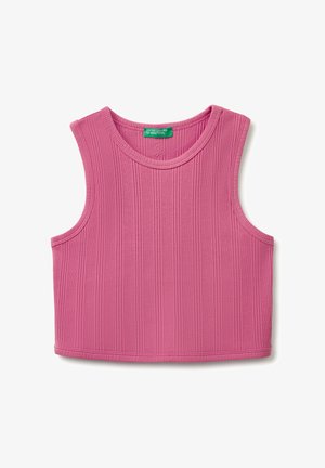 Różowy, bezrękawnikowy top crop z prążkowanej tkaniny, z okrągłym dekoltem i metką United Colors of Benetton z tyłu, po wewnętrznej stronie.