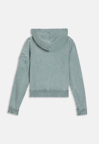 Lichtblauwe cropped hoodie met lange mouwen, een capuchon en een ritszak op de bovenkant van de linkermouw, plat van achteren weergegeven.