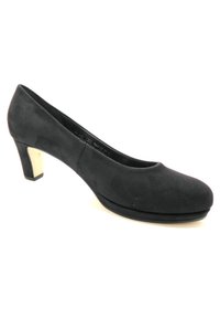 Schwarze Wildleder-Pumps mit runder Zehenpartie, einem mittelhohen Blockabsatz und einer eleganten, glatten Textur. Mit einer leichten Plattform unter der Zehenpartie.