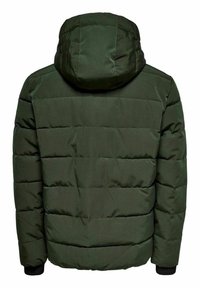 Dark green puffer jacket with a hood, featuring a quilted design, horizontal stitching, and elastic cuffs at the base of the sleeves.