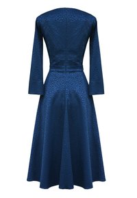 Granatowa sukienka z długimi rękawami, tkana tkanina z okrągłym wzorem, dopasowane bodice i rozkloszowana spódnica. Zamek błyskawiczny z tyłu.