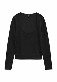 Czarny longsleeve z kwadratowym dekoltem, wykonany z fakturowanej tkaniny z subtelnym połyskiem. Krótkiej długości, dopasowany fason i brak widocznych elementów metalowych.