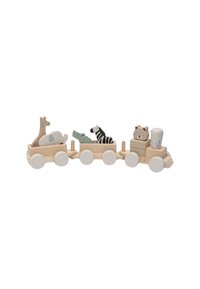 Train en bois avec quatre figurines d'animaux : girafe, éléphant, alligator et zèbre. Dispose de roues blanches et d'une pile de blocs. Fini en bois naturel.