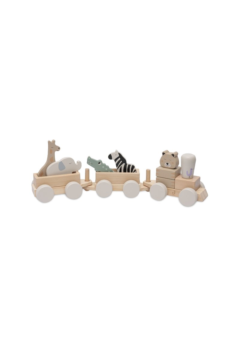 Train en bois avec quatre figurines d'animaux : girafe, éléphant, alligator et zèbre. Dispose de roues blanches et d'une pile de blocs. Fini en bois naturel.