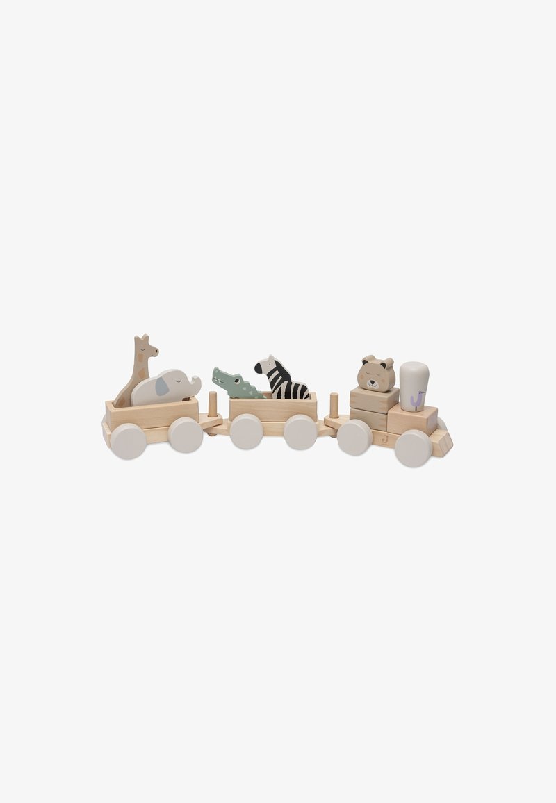 Train en bois avec quatre figurines d'animaux : girafe, éléphant, alligator et zèbre. Dispose de roues blanches et d'une pile de blocs. Fini en bois naturel.