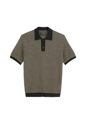 Strick-Polohemd mit kurzen Ärmeln in Schwarz und Beige, mit horizontalen Streifen. Der Kragen ist einfarbig schwarz und hat drei Knöpfe.