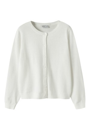 Weißer Langarm-Cardigan mit Rundhalsausschnitt, gerippten Bündchen und Saum sowie einer vorderen Knopfleiste mit sieben Knöpfen.