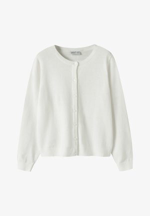 Weißer Langarm-Cardigan mit Rundhalsausschnitt, gerippten Bündchen und Saum sowie einer vorderen Knopfleiste mit sieben Knöpfen.