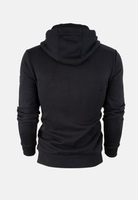 Zwarte hoodie met een ontspannen pasvorm, voorzien van een trekkoord in de capuchon, ribgebreide manchetten en zoom. Gemaakt van zachte, gestructureerde stof.