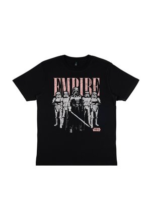 Zwart T-shirt met een afbeelding van Darth Vader die een lightsaber vasthoudt en vier Stormtroopers erachter, met 'EMPIRE' in grote letters erboven.