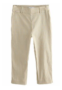 Pantalon en coton à carreaux marron et blanc, avec une ceinture ajustée, un design à jambes droites, sans accessoires visibles ni poches.