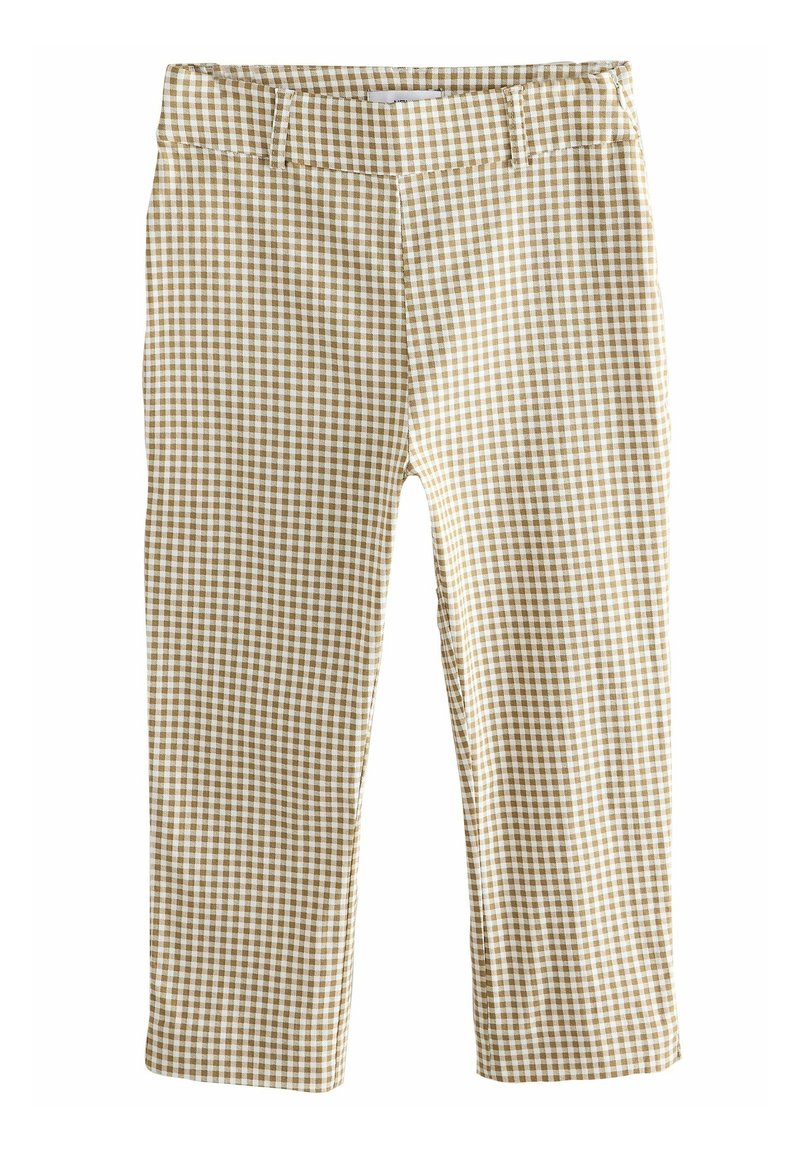 Pantalon en coton à carreaux marron et blanc, avec une ceinture ajustée, un design à jambes droites, sans accessoires visibles ni poches.