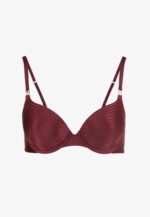 Maron geribbelde beha met gladde stof, beugelondersteuning, verstelbare bandjes en een gevormde cup. Voorzien van subtiele zilverkleurige hardware accenten.