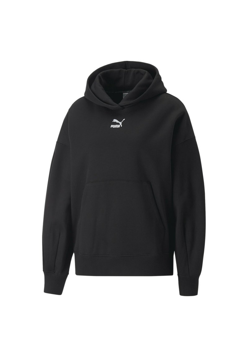 Sudadera negra hecha de tela suave, con un bolsillo tipo canguro, puños acanalados y un logo blanco en el pecho. Diseño clásico de pullover.