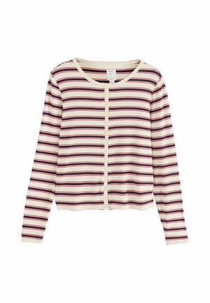Kardigan s dugim rukavima u krem boji s horizontalnim crvenim i mornarskoplavim prugama; ima okrugli izrez i pet prednjih gumba, rastezljivi rebrasti materijal.