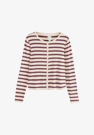 Cardigan cu mâneci lungi, crem, cu dungi orizontale roșii și bleumarin; prevăzut cu guler rotund și cinci nasturi în față, țesătură elastică cu model reiat.