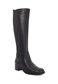 Black leather knee-high boot featuring a textured surface, square toe, low block heel, and a fitted shaft with no visible hardware.