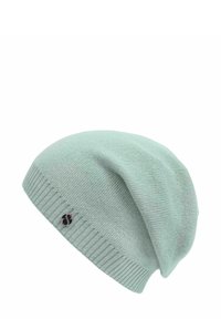 Mint green beanie, knit fabric with a ribbed cuff, soft texture, featuring a small black logo accent on the side.