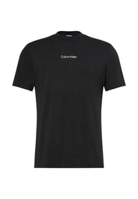 Czarny bawełniany t-shirt z okrągłym dekoltem i krótkimi rękawami, z logo "Calvin Klein" w białym kolorze umieszczonym na środku klatki piersiowej.