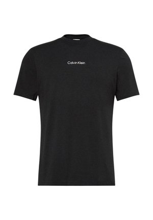 Sort bomuld T-shirt med rund hals og korte ærmer, med "Calvin Klein"-logo i hvid tekst centreret på brystet.