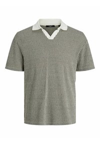 Polo à manches courtes avec un motif à rayures verticales vertes et blanches, doté d'un col blanc contrastant et d'un design en V.