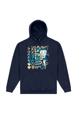 Dunkelblauer Hoodie aus Baumwollmischung, mit einem Druck eines Charakters, umgeben von Text und Herzformen in hellblau und cremefarben.
