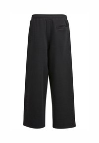 Sorte brede sweatpants lavet af blødt stof, med elastisk talje og en lille lomme bagtil for ekstra funktionalitet.