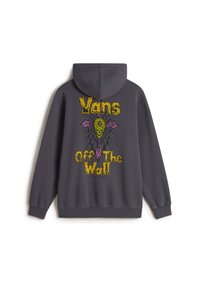 Gray hoodie featuring a graphic design on the back with "Vans," a skull, and spider web accents in yellow, pink, and black.
