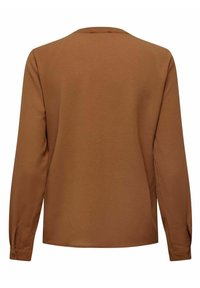 Blouse marron à manches longues en tissu texturé, col rond, et poignets boutonnés, vue de dos sur un fond blanc.
