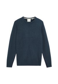 Mörkblå stickad tröja med rund halsringning, ribbade muddar och nederkant, med en slät yta och klassisk passform utan dekorationer.