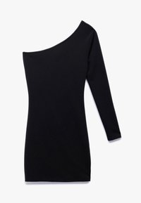 Top noir à épaule dénudée en tissu lisse, présentant une manche longue d'un côté et une silhouette ajustée, avec un ourlet droit.