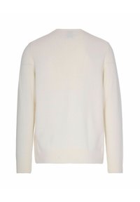 Maglione color crema, lavorato a maglia leggera, design a V, maniche lunghe, polsini e orlo a costine, texture liscia, dettagli minimi.