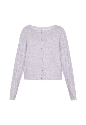 Cardigan tricotat de culoare lila, cu guler ondulat, închidere cu butoane, mâneci lungi și detalii delicate din dantelă pe mâneci.