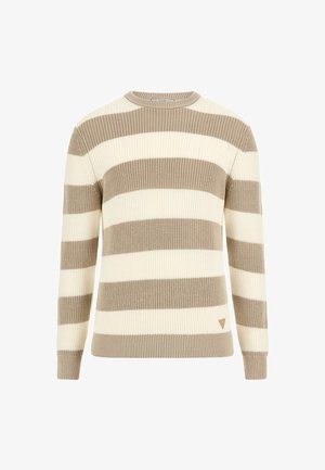 Beige och krämrandig stickad tröja med rund halsringning och ribbade ärmslut. Har en liten triangelformad varumärkesetikett på den nedre sidan.