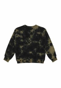 Felpa in cotone nera e oliva con motivo tie-dye, collo a giro, maniche lunghe con polsini a costine, texture morbida e vestibilità rilassata.
