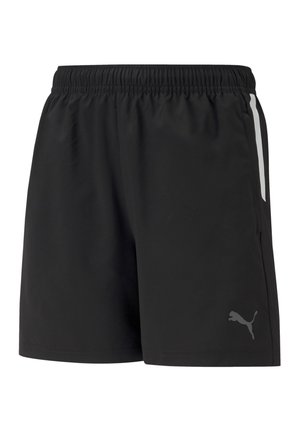 Schwarze Shorts aus leichtem Material mit elastischem Bund. Mit weißen Seitenstreifen und einem grauen Logo am linken Bein.