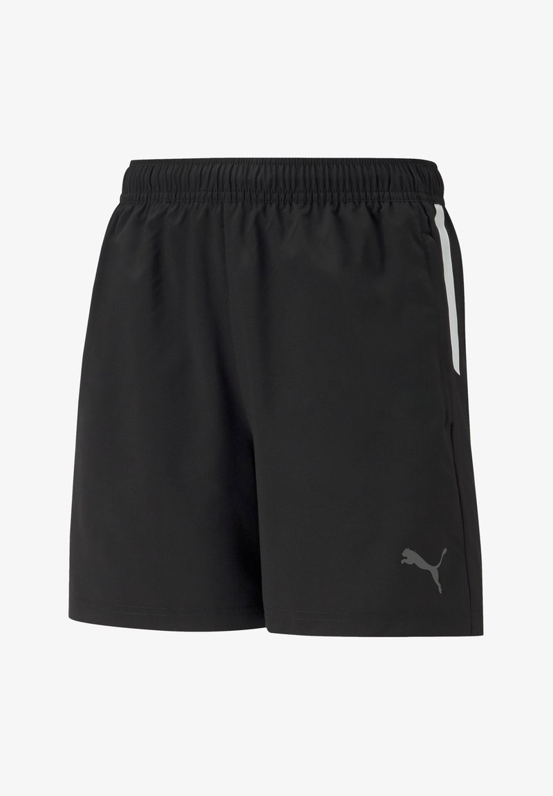Schwarze Shorts aus leichtem Material mit elastischem Bund. Mit weißen Seitenstreifen und einem grauen Logo am linken Bein.